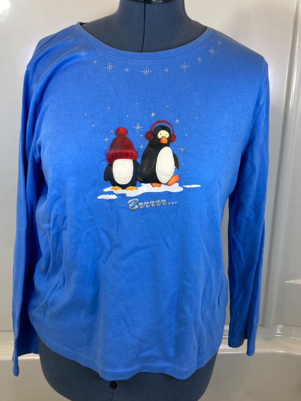 Winter Penguins Blue Shirt Sz XL Long Sleeve Glitter Womens Cut Christmas